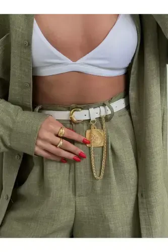 King Chained Medallion Detailed Women's Trousers Belt, Jacket Belt, Dress Belt, Shirt Belt-WHITE - FIORI (1)