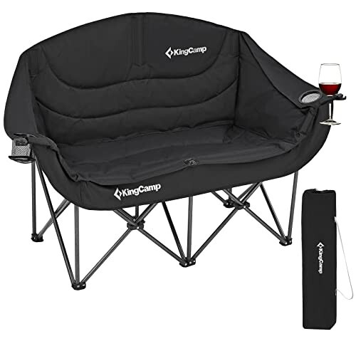 KingCamp Double Camping Chair Oversized Loveseat Camping Couch Heavy Duty Outdoor Folding Chair with Cup Holder Wine Glass Holder Support 550 lbs for Outside Picnic Beach Travel Deep Black - 1