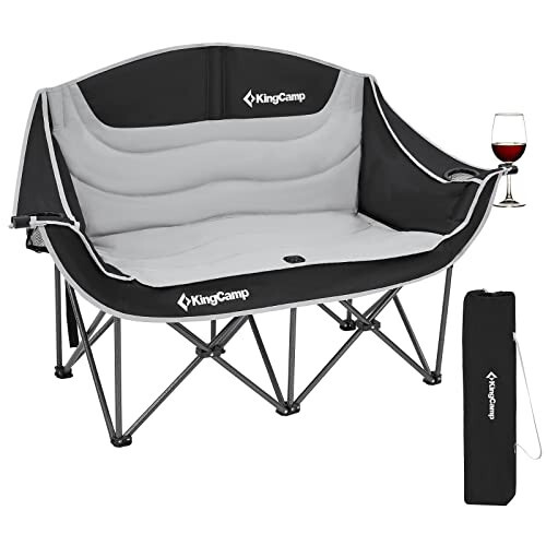 KingCamp Double Camping Chair Oversized Loveseat Camping Couch Heavy Duty Outdoor Folding Chair with Cup Holder Wine Glass Holder Support 440 lbs for Outside Picnic Beach Travel Black - 1