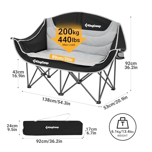 KingCamp Double Camping Chair Oversized Loveseat Camping Couch Heavy Duty Outdoor Folding Chair with Cup Holder Wine Glass Holder Support 440 lbs for Outside Picnic Beach Travel Black - 3