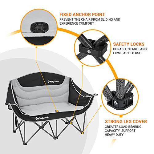 KingCamp Double Camping Chair Oversized Loveseat Camping Couch Heavy Duty Outdoor Folding Chair with Cup Holder Wine Glass Holder Support 440 lbs for Outside Picnic Beach Travel Black - 4