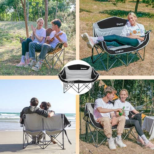 KingCamp Double Camping Chair Oversized Loveseat Camping Couch Heavy Duty Outdoor Folding Chair with Cup Holder Wine Glass Holder Support 440 lbs for Outside Picnic Beach Travel Black - 8