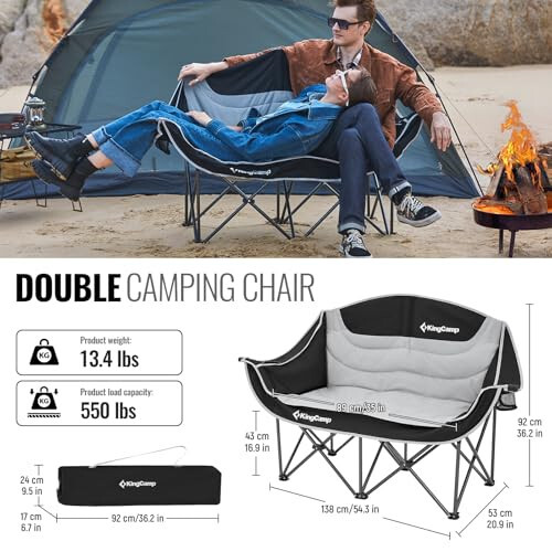 KingCamp Double Camping Chair Oversized Loveseat Camping Couch Heavy Duty Outdoor Folding Chair with Cup Holder Wine Glass Holder Support 440 lbs for Outside Picnic Beach Travel Black - 6