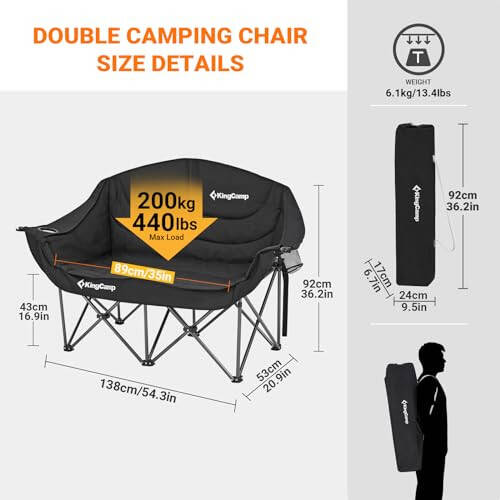 KingCamp Double Camping Chair Oversized Loveseat Camping Couch Heavy Duty Outdoor Folding Chair with Cup Holder Wine Glass Holder Support 550 lbs for Outside Picnic Beach Travel Deep Black - 2