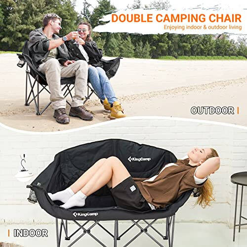 KingCamp Double Camping Chair Oversized Loveseat Camping Couch Heavy Duty Outdoor Folding Chair with Cup Holder Wine Glass Holder Support 550 lbs for Outside Picnic Beach Travel Deep Black - 3