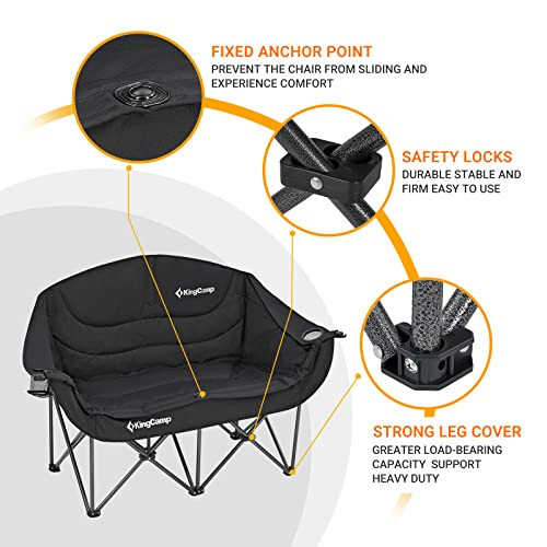 KingCamp Double Camping Chair Oversized Loveseat Camping Couch Heavy Duty Outdoor Folding Chair with Cup Holder Wine Glass Holder Support 550 lbs for Outside Picnic Beach Travel Deep Black - 4