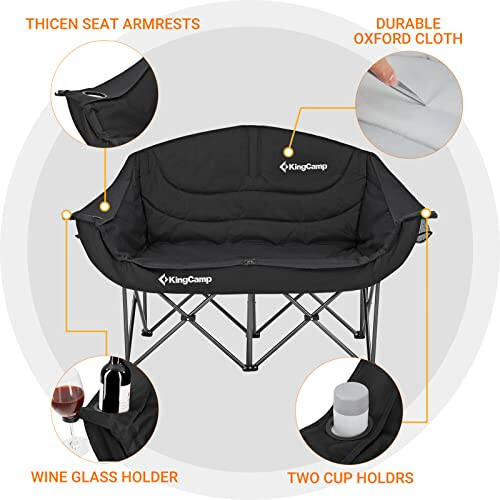 KingCamp Double Camping Chair Oversized Loveseat Camping Couch Heavy Duty Outdoor Folding Chair with Cup Holder Wine Glass Holder Support 550 lbs for Outside Picnic Beach Travel Deep Black - 7