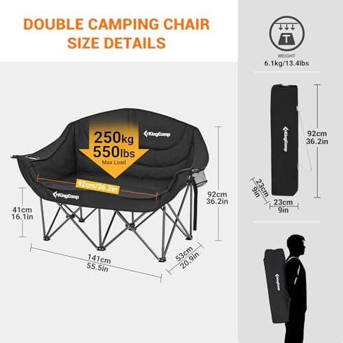 KingCamp Double Camping Chair Oversized Loveseat Camping Couch Heavy Duty Outdoor Folding Chair with Cup Holder Wine Glass Holder Support 550 lbs for Outside Picnic Beach Travel Deep Black - 6