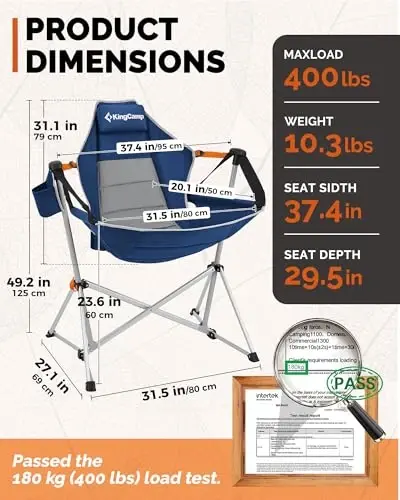 KingCamp Hammock Camping Chair, Swinging Portable Camp Chairs for Adults, 400lbs Heavy Duty Oversized Folding Rocking Chair with Adjustable Recline, Aluminum Alloy Frame for Outdoor Patio Beach Sport - 3