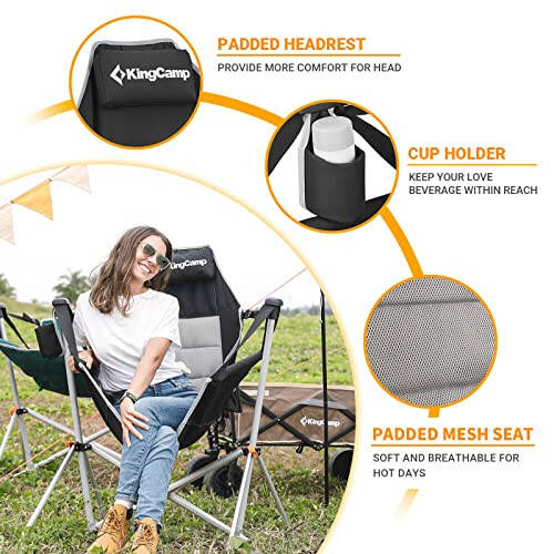 KingCamp Hammock Camping Chair, Aluminum Alloy Adjustable Back Swinging Chair, Folding Rocking Chair with Pillow Cup Holder, Recliner for Outdoor Travel Sports Games Lawn Concerts Backyard - 9