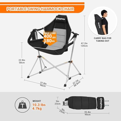 KingCamp Hammock Camping Chair, Aluminum Alloy Adjustable Back Swinging Chair, Folding Rocking Chair with Pillow Cup Holder, Recliner for Outdoor Travel Sports Games Lawn Concerts Backyard - 4