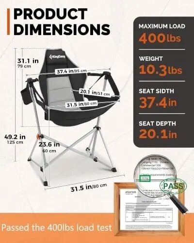 KingCamp Hammock Camping Chair, Aluminum Alloy Adjustable Back Swinging Chair, Folding Rocking Chair with Pillow Cup Holder, Recliner for Outdoor Travel Sports Games Lawn Concerts Backyard - 2