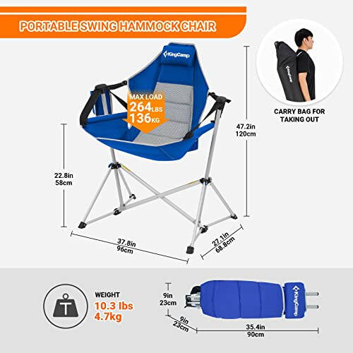 KingCamp Hammock Camping Chair, Aluminum Alloy Adjustable Back Swinging Chair, Folding Rocking Chair with Pillow Cup Holder, Recliner for Outdoor Travel Sports Games Lawn Concerts Backyard - 7