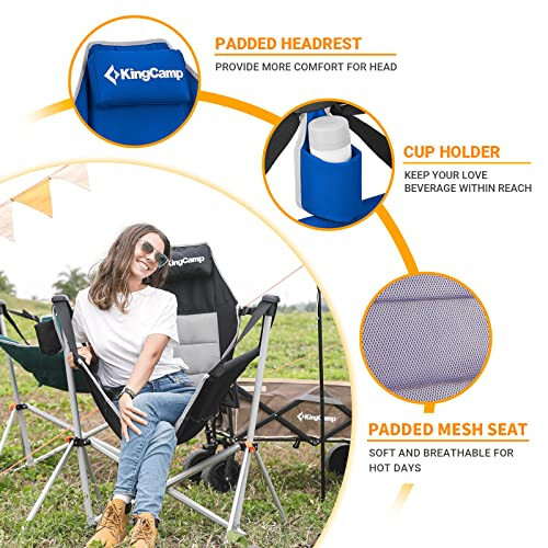 KingCamp Hammock Camping Chair, Aluminum Alloy Adjustable Back Swinging Chair, Folding Rocking Chair with Pillow Cup Holder, Recliner for Outdoor Travel Sports Games Lawn Concerts Backyard - 12