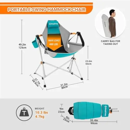 KingCamp Hammock Camping Chair, Aluminum Alloy Adjustable Back Swinging Chair, Folding Rocking Chair with Pillow Cup Holder, Recliner for Outdoor Travel Sports Games Lawn Concerts Backyard 