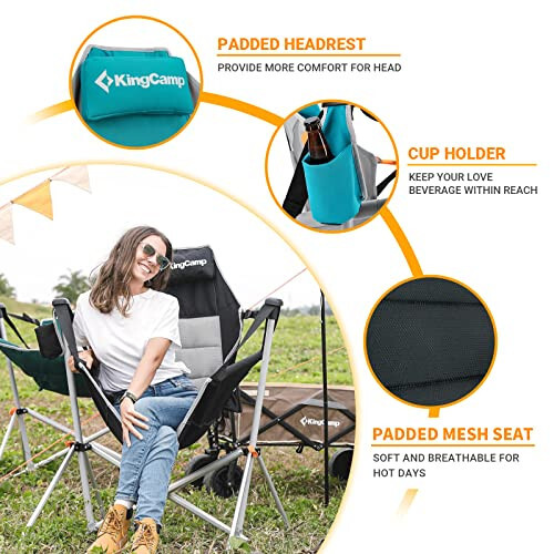 KingCamp Hammock Camping Chair, Aluminum Alloy Adjustable Back Swinging Chair, Folding Rocking Chair with Pillow Cup Holder, Recliner for Outdoor Travel Sports Games Lawn Concerts Backyard - 10