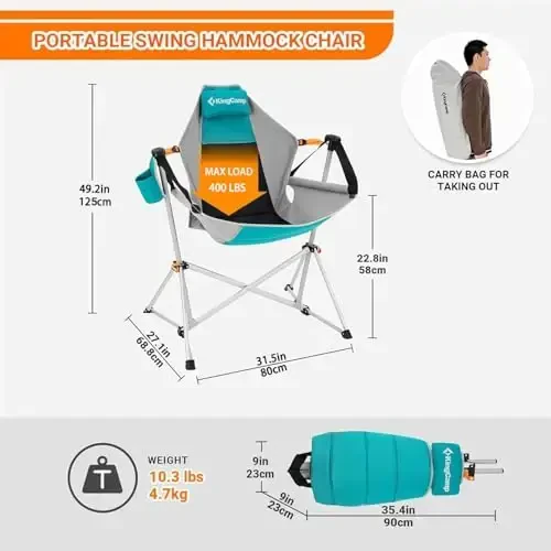 KingCamp Hammock Camping Chair, Aluminum Alloy Adjustable Back Swinging Chair, Folding Rocking Chair with Pillow Cup Holder, Recliner for Outdoor Travel Sports Games Lawn Concerts Backyard - 3
