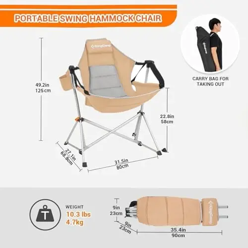 KingCamp Hammock Camping Chair, Kattalar uchun tebranadigan portativ yig'iladigan lager stullari Maks 440 funt yuk ko'taruvchanligi yuqori bo'lgan, alyuminiy qotishma ramkali, tashqi plyaj ayvonchasi sporti uchun stakan ushlagichli katta o'lchamli bukiladigan kreslo - KINGCAMP (1)