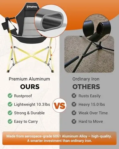 KingCamp Hammock Camping Chair, Kattalar uchun tebranadigan portativ yig'iladigan lager stullari Maks 440 funt yuk ko'taruvchanligi yuqori bo'lgan, alyuminiy qotishma ramkali, tashqi plyaj ayvonchasi sporti uchun stakan ushlagichli katta o'lchamli bukiladigan kreslo - 4