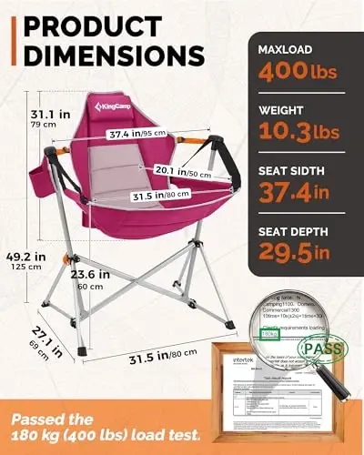 KingCamp Hammock Camping Chair, Swinging Portable Camp Chairs for Adults, 400lbs Heavy Duty Oversized Folding Rocking Chair with Adjustable Recline, Aluminum Alloy Frame for Outdoor Patio Beach Sport - 3