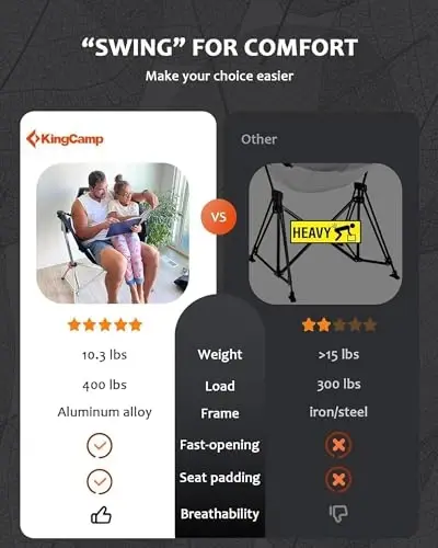 KingCamp Hammock Camping Chair, Swinging Portable Camp Chairs for Adults, 400lbs Heavy Duty Oversized Folding Rocking Chair with Adjustable Recline, Aluminum Alloy Frame for Outdoor Patio Beach Sport - 6