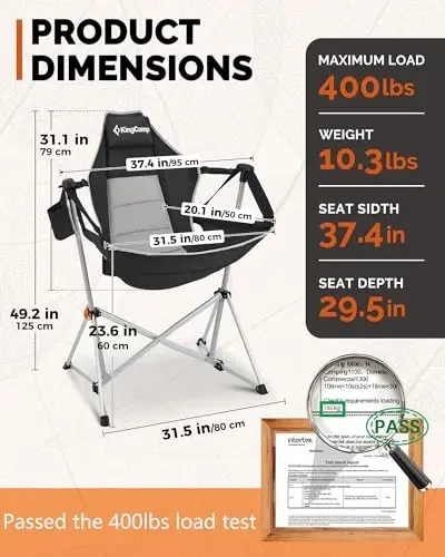 KingCamp Hammock Camping Chair, Swinging Portable Folding Camp Chairs for Adults Max 440lbs Heavy Duty Foldable Oversized Rocker with Aluminum Alloy Frame Cup Holder for Outdoor Beach Patio Sport - 3
