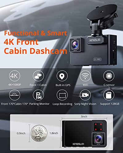 Kingslim D1 Pro Ikkita Dash Kamera 4K Yozuv Ichida - Oldin va Ichki Dash Kamera GPS WiFi Avtomobillar Uber Yuk Mashinasi Uchun, Infraqizil Tungi Ko'rish, G-Sensor, Tsiklik Yozuv (Yangi Lang Version) - 2