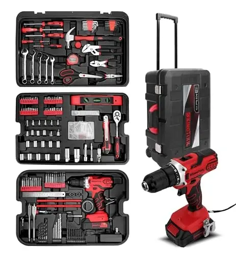 KINGTOOL Home Tool Set Kit - 286 PCS Home Auto Repair Tool Kit with Rolling Tool Box, Mechanic Tool Sets with 21V Max Cordless Power drill, Perfect for Homeowner, Diyer, Handyman 