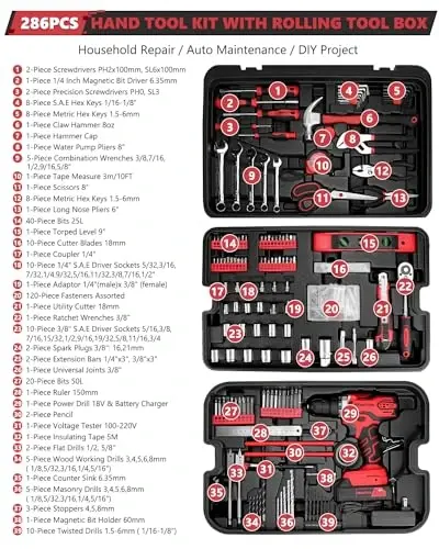 KINGTOOL Home Tool Set Kit - 286 PCS Home Auto Repair Tool Kit with Rolling Tool Box, Mechanic Tool Sets with 21V Max Cordless Power drill, Perfect for Homeowner, Diyer, Handyman - 2