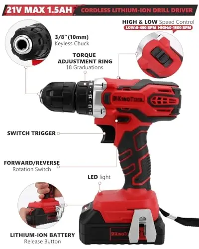 KINGTOOL Uy asboblar toʻplami - 286 dona Uy avtomobilini taʼmirlash asboblari toʻplami gʻildirakli asboblar qutisi bilan, 21V Max simsiz elektr burgʻusi bilan mexanik asboblar toʻplami, uy egasi, DIYer, handyman uchun ideal - 3