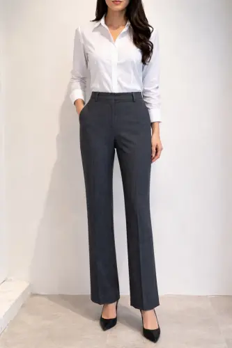 Kırçıllı Yüksek Bel Bol Kesim Pantolon - Füme - 1