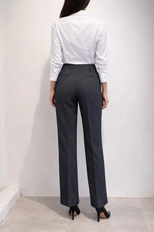 Kırçıllı Yüksek Bel Bol Kesim Pantolon - Füme - 2