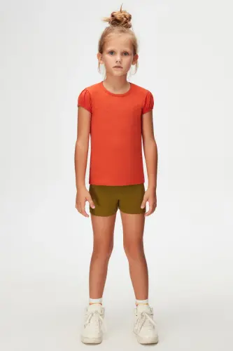 Kiremit Basic Kız Çocuk Sıfır Yaka Karpuz Kol Tişört-PUREED PUMPKIN 