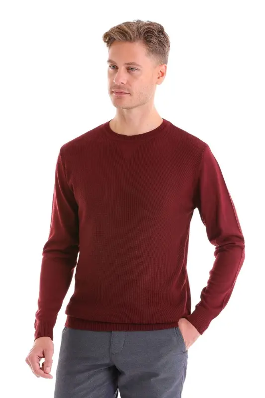 Kiremit Comfort Fit Pirinç Örgü Desenli Bisiklet Yaka Yünlü Yün Kazak-Kiremit - 2