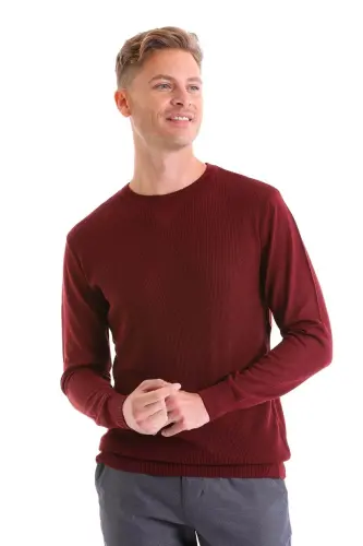 Kiremit Comfort Fit Pirinç Örgü Desenli Bisiklet Yaka Yünlü Yün Kazak-Kiremit - 3