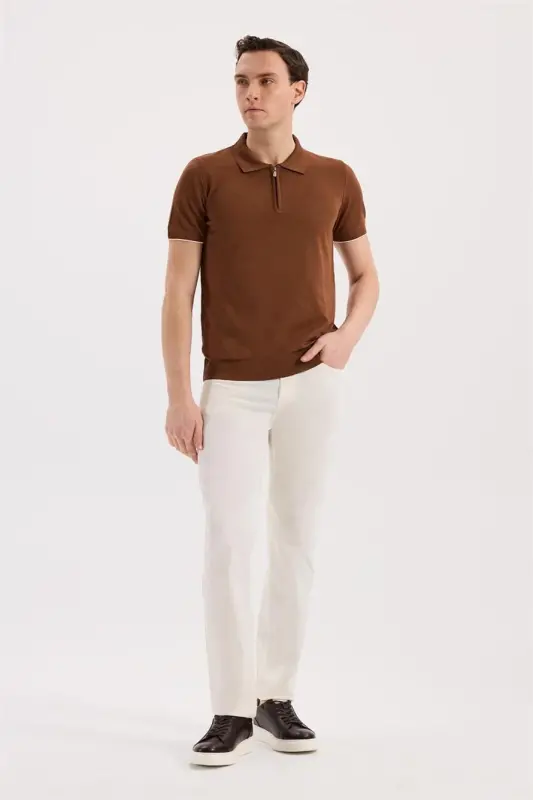Kiremit rangli, slim fit, triko, fermuarli polo yoqali futbolka - 2