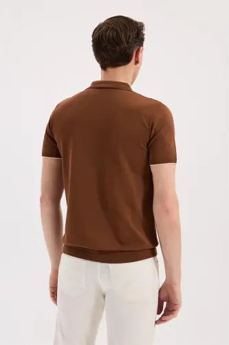 Kiremit rangli, slim fit, triko, fermuarli polo yoqali futbolka - 4