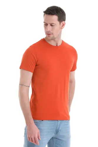 Kiremit Regular Fit Düz 100% Pamuklu Bisiklet Yaka Tişört - Kiremit - 3