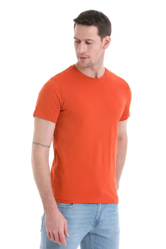 Kiremit Regular Fit Düz 100% Pamuklu Bisiklet Yaka Tişört - Kiremit - 3