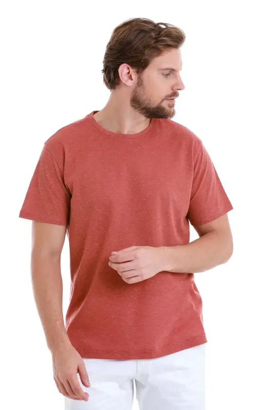 Kiremit Regular Fit Düz Bisiklet Yaka Keten Tişört - Kiremit - 3