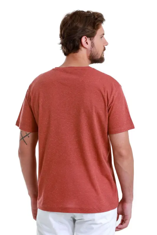 Kiremit Regular Fit Düz Bisiklet Yaka Keten Tişört - Kiremit - 6