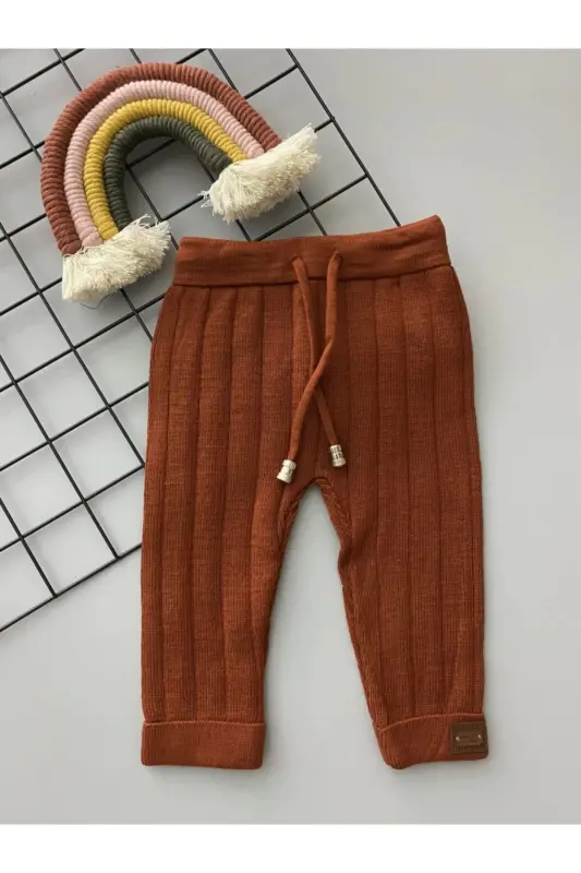 Kiremit Rengi Bağcıklı Unisex Bebe Triko Tayt Pantolon - Kiremit - 1