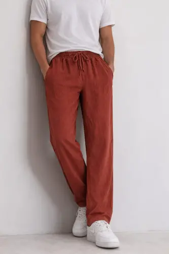 Kiremit Renk Erkek Keten Pantolon-Kiremit - 3