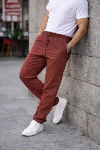 Kiremit Renk Erkek Yazlık Keten Karışımı Relaxed Pantolon-Kiremit - 3