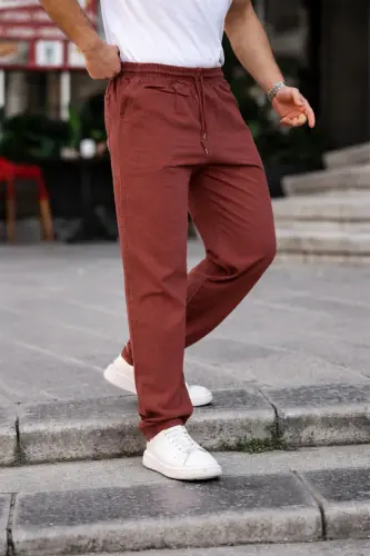 Kiremit Renk Erkek Yazlık Keten Karışımı Relaxed Pantolon - Kiremit - 1