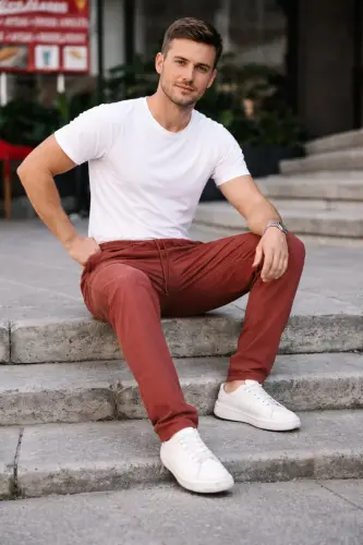 Kiremit Renk Erkek Yazlık Keten Karışımı Relaxed Pantolon - Kiremit - 5