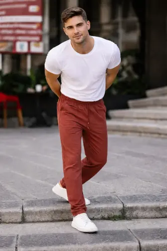 Kiremit Renk Erkek Yazlık Keten Karışımı Relaxed Pantolon - Kiremit - 4