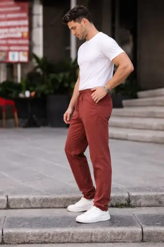 Kiremit Renk Erkek Yazlık Keten Karışımı Relaxed Pantolon - Kiremit - COMBİNE MİCHAİL (1)