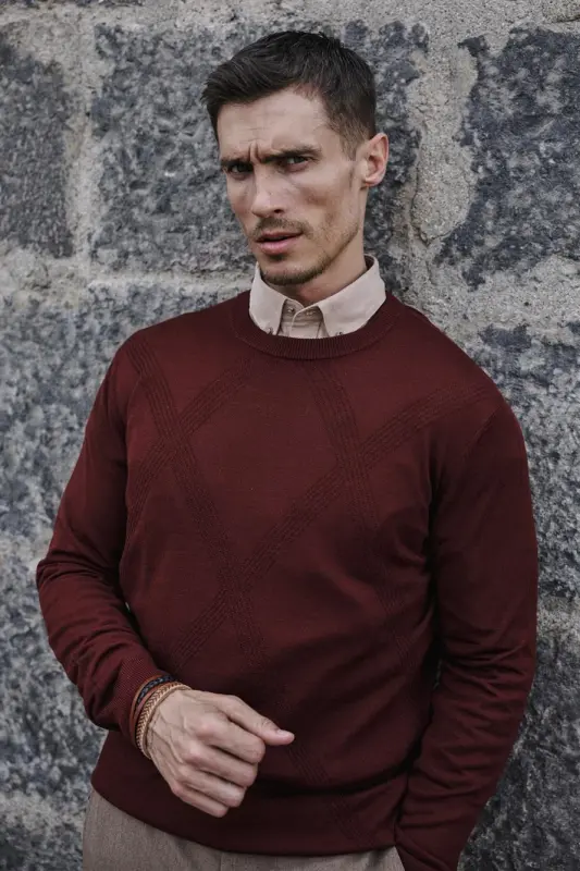 Kiremit Slim Fit Desenli Bisiklet Yaka Triko - 1