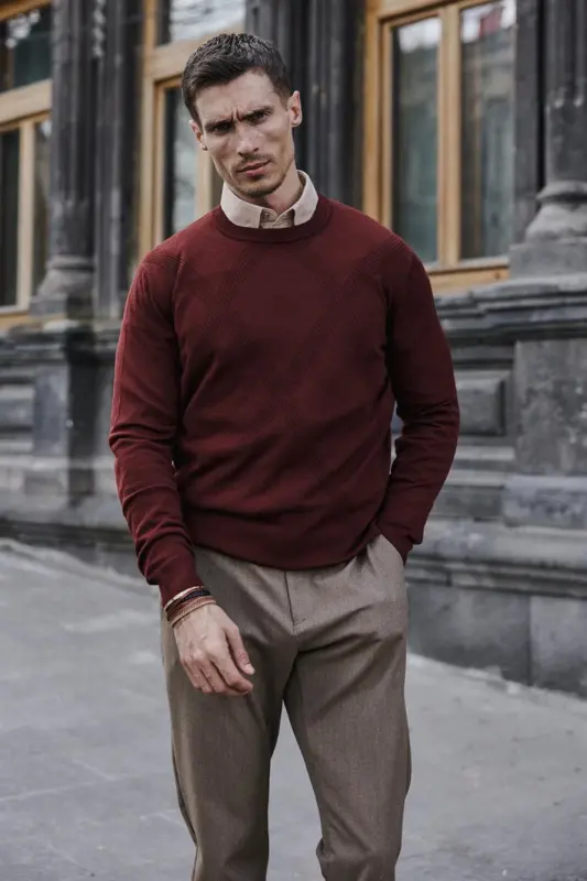 Kiremit Slim Fit Desenli Bisiklet Yaka Triko - 4